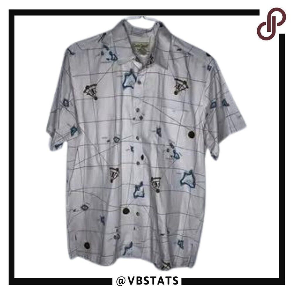 Cooke‎ Street Honolulu White-Blue-Brown Graphic Map Design Aloha Shirt Medium